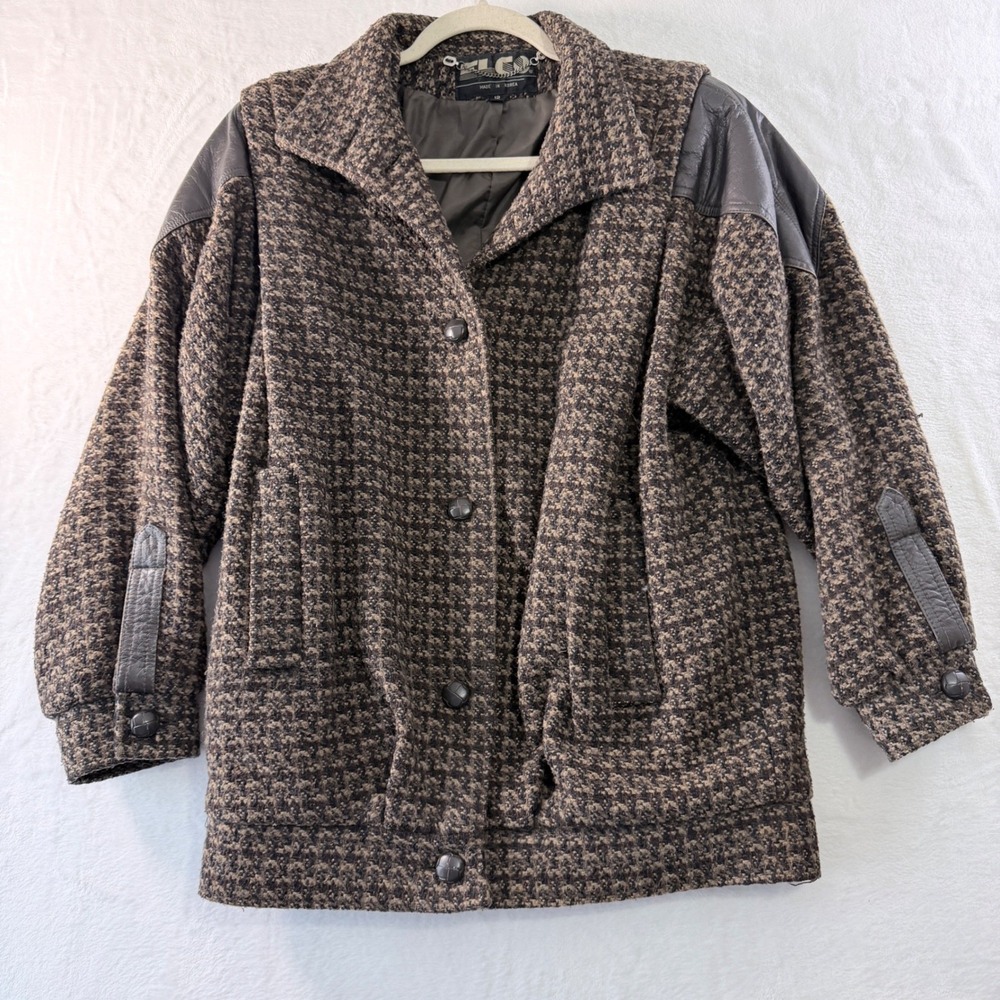 Vintage ITO Wool Blend Jacket Womens 12 Houndstooth Leather Trim Barn Coat